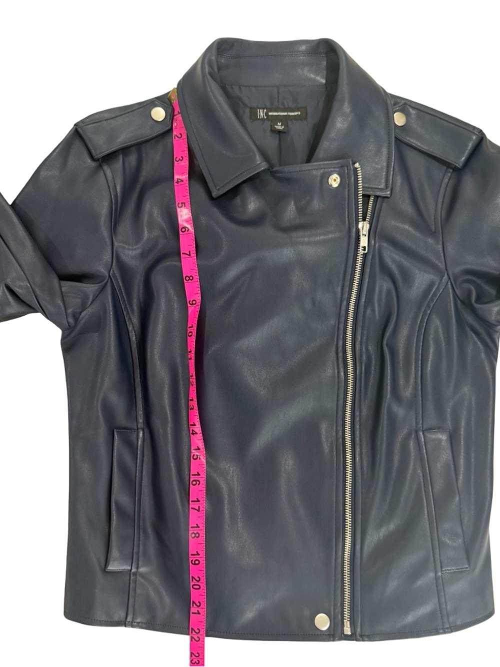 INC International Concepts Faux Leather Moto Jacket Size Medium Dark Navy Blue - Picture 13 of 13